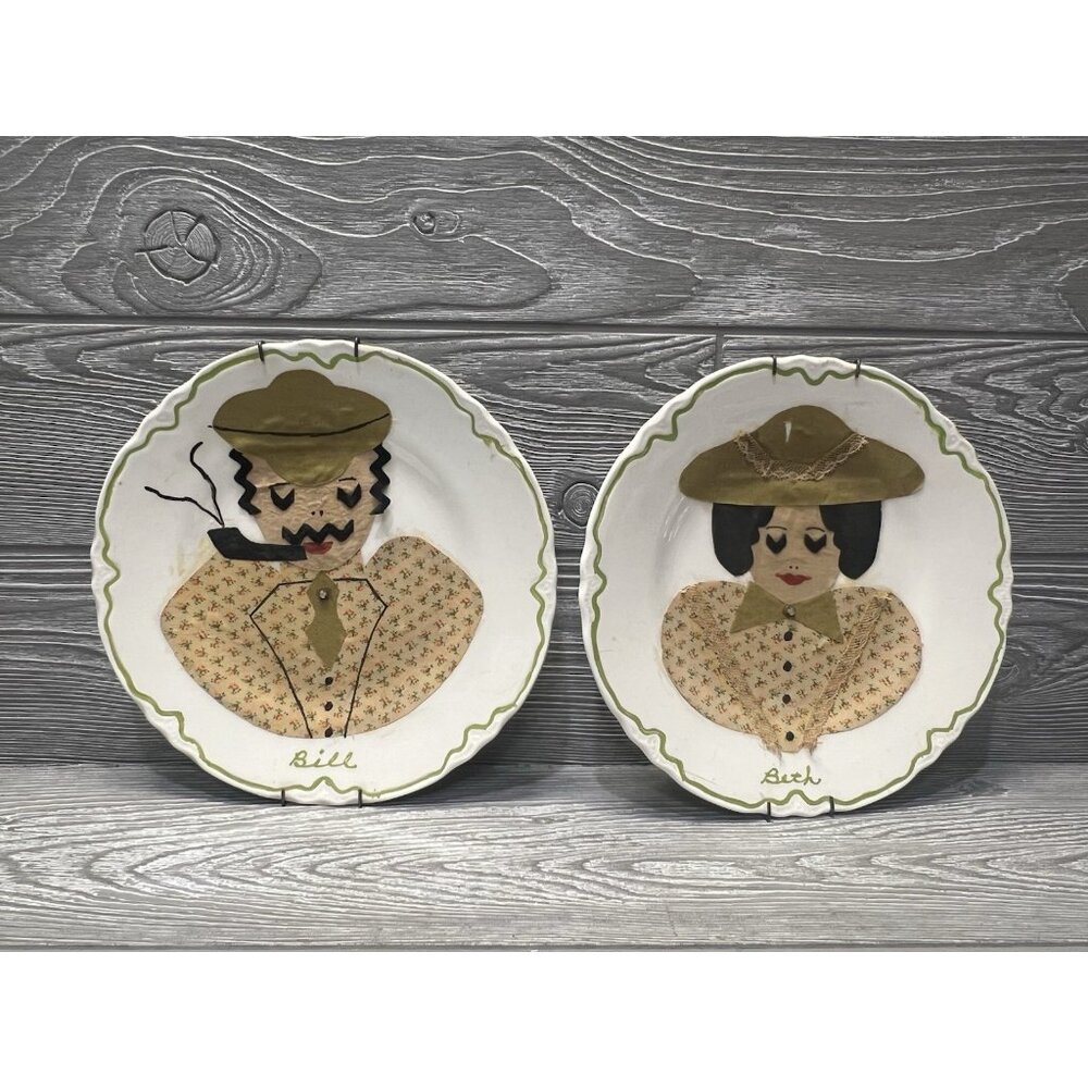Folk Art 1950s His & Hers Portraits Vintage MCM Plates Beth & Bill Kitschy Decor